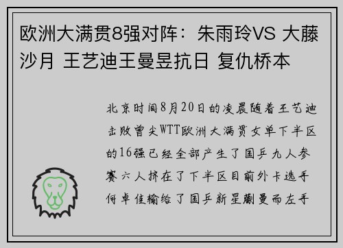 欧洲大满贯8强对阵：朱雨玲VS 大藤沙月 王艺迪王曼昱抗日 复仇桥本